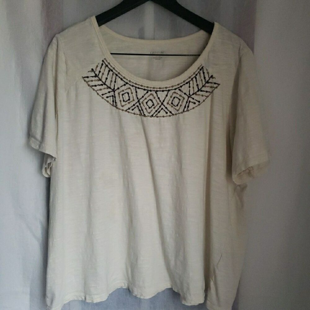 Catherines Women's Size 2X Ivory Embroidered Short Sleeve Top Blouse Cotton FLAW